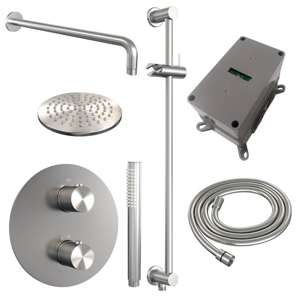 Brauer Brauer Brushed Carving Regendoucheset: Thermostatische Inbouwkraan met 3-Weg Omstel, Gebogen Wandarm, Douchekop 20cm, Geintegreerde Glijstang, Staafhanddouche & Doucheslang - Set 87 - Draaiknoppen - Geborsteld RVS