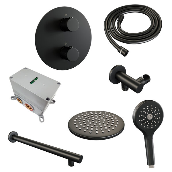 Brauer Brauer Black Carving Regendoucheset: Thermostatische Inbouwkraan met 3-Weg Omstel, Rechte Wandarm, Douchekop Ø20cm, Wandaansluitbocht, 3-Standen Handdouche & Doucheslang - Set 79 - Draaiknoppen - Mat Zwart