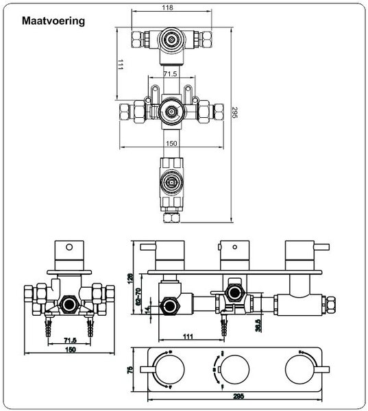 Wiesbaden Wiesbaden Caral Thermostatische Inbouwdouchekraan met 3-Weg Omstel - Chroom