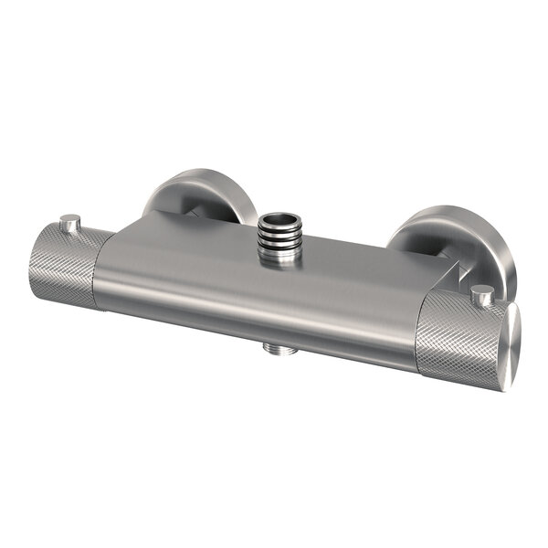 Brauer Brauer Brushed Carving Regendoucheset: Thermostatische Opbouwkraan met Stijgbuis, Douchekop 20cm, Staafhanddouche & Doucheslang - Set 1 - Geribbeld Draaiknoppen - PVD - Geborsteld RVS