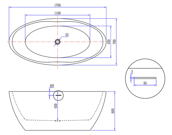 Wiesbaden Wiesbaden Oval Acryl Vrijstaande Ligbad inclusief Clickwaste, Sifon & Potenset - 170x78x60cm - Wit