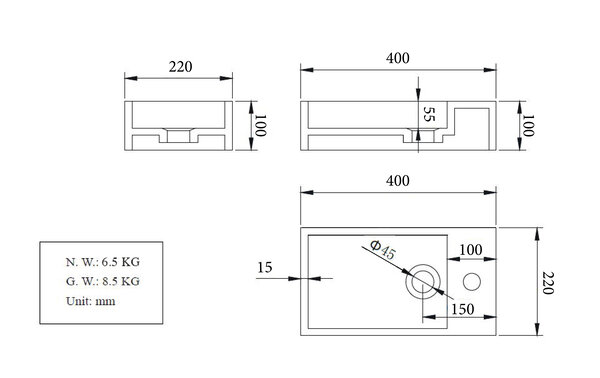 Wiesbaden Wiesbaden Noble Solid Surface Fontein - Kraangat Rechts - 36x18x10cm - Mat Wit