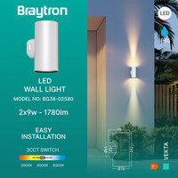 Braytron Braytron Vekta LED Wand Lamp - 2x9W - IP65 - CCT - Wit