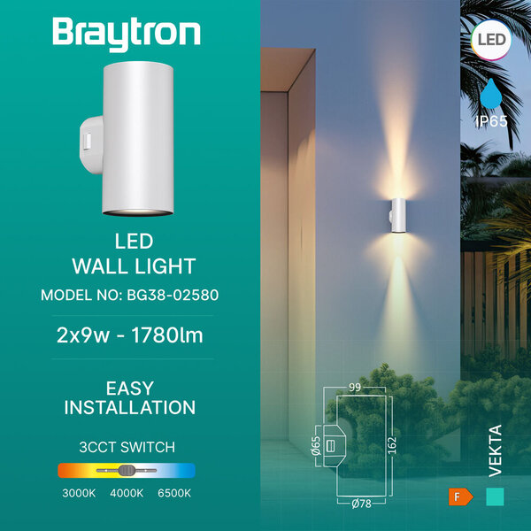 Braytron Braytron Vekta LED Wand Lamp - 2x9W - IP65 - CCT - Wit