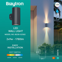 Braytron Braytron Vekta LED Wand Lamp - 2x9W - IP65 - CCT - Zwart