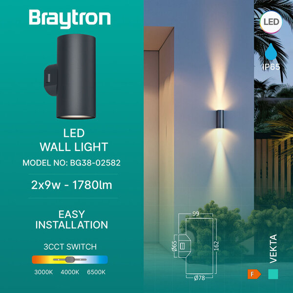 Braytron Braytron Vekta LED Wand Lamp - 2x9W - IP65 - CCT - Zwart