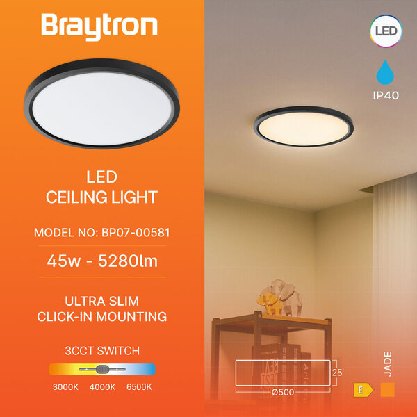 Braytron Braytron Jade LED Opbouw Lamp - Rond - 45W - IP20 - CCT - Zwart