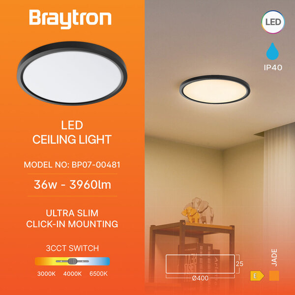 Braytron Braytron Jade LED Opbouw Lamp - Rond - 36W - IP20 - CCT - Zwart