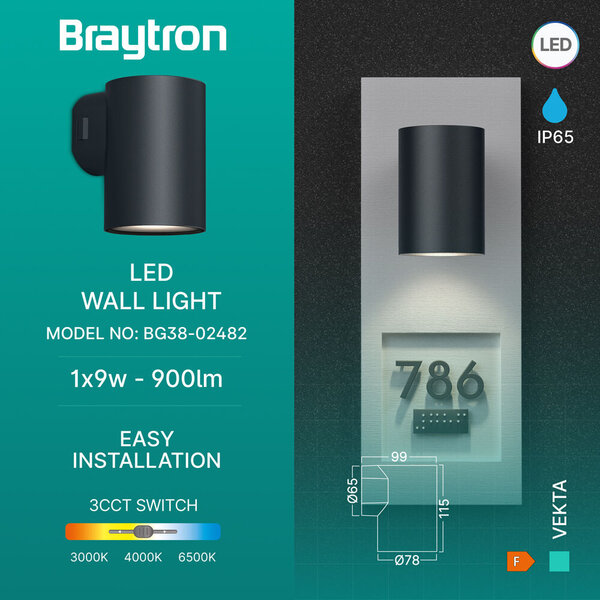 Braytron Braytron Vekta LED Wand Lamp - 9W - IP65 - CCT - Zwart