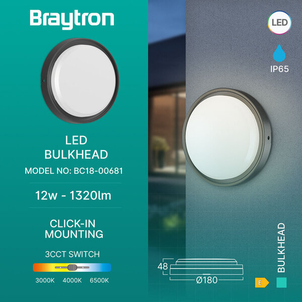 Braytron Braytron LED Wand Lamp - Rond - 12W - IP65 - CCT - Zwart