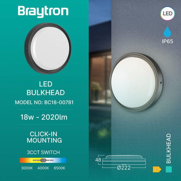 Braytron Braytron LED Wand Lamp - Rond - 18W - IP65 - CCT - Zwart