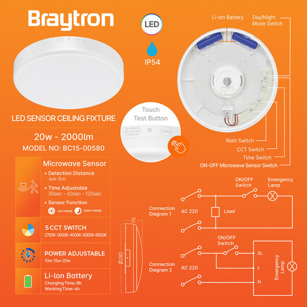 Braytron Braytron LED Lamp met Bewegingssensor & Noodverlichting - Rond - 20W - IP54 - CCT - Wit