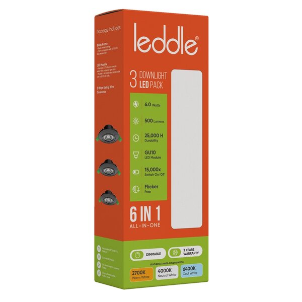Leddle Leddle Downlight Set met 3 Dimbare Spots - 6W - 6IN1 - CCT - Flicker Free - Zwart