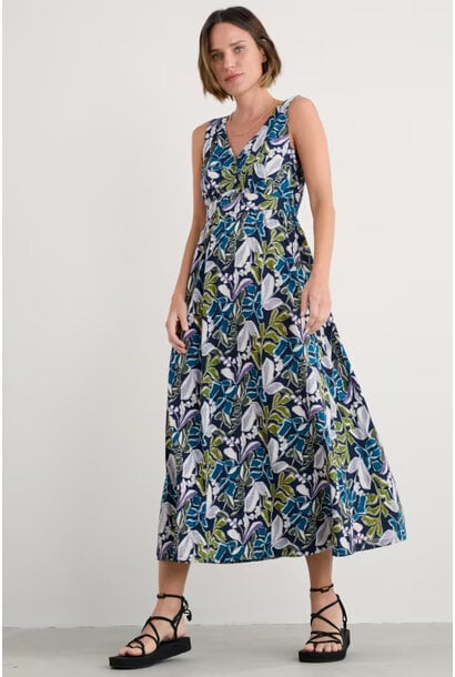 Polmanter Dress-Linear Leaves Maritime