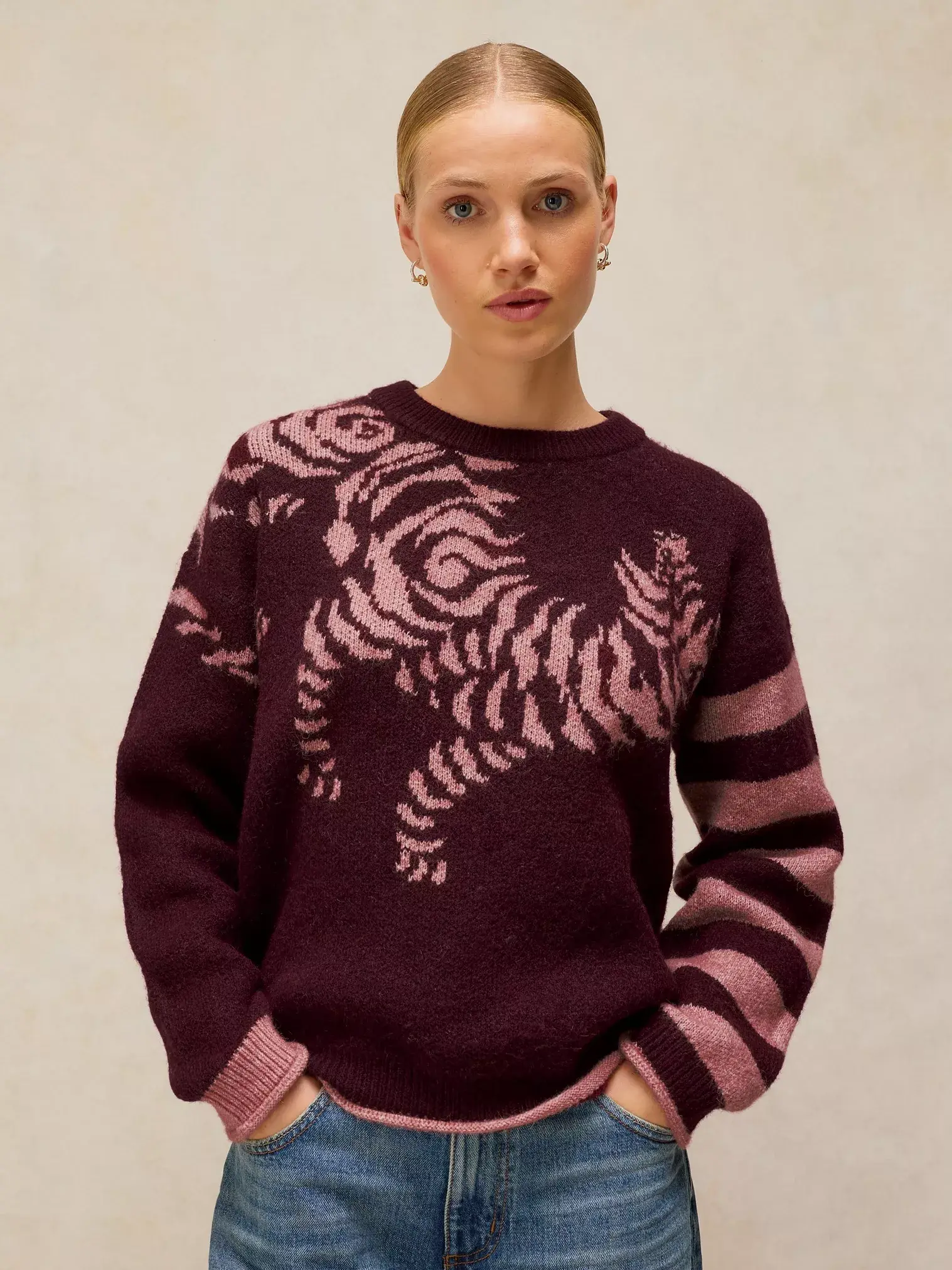 White Stuff Tiger Stripe Trui Plum Multi | Damestrui-1