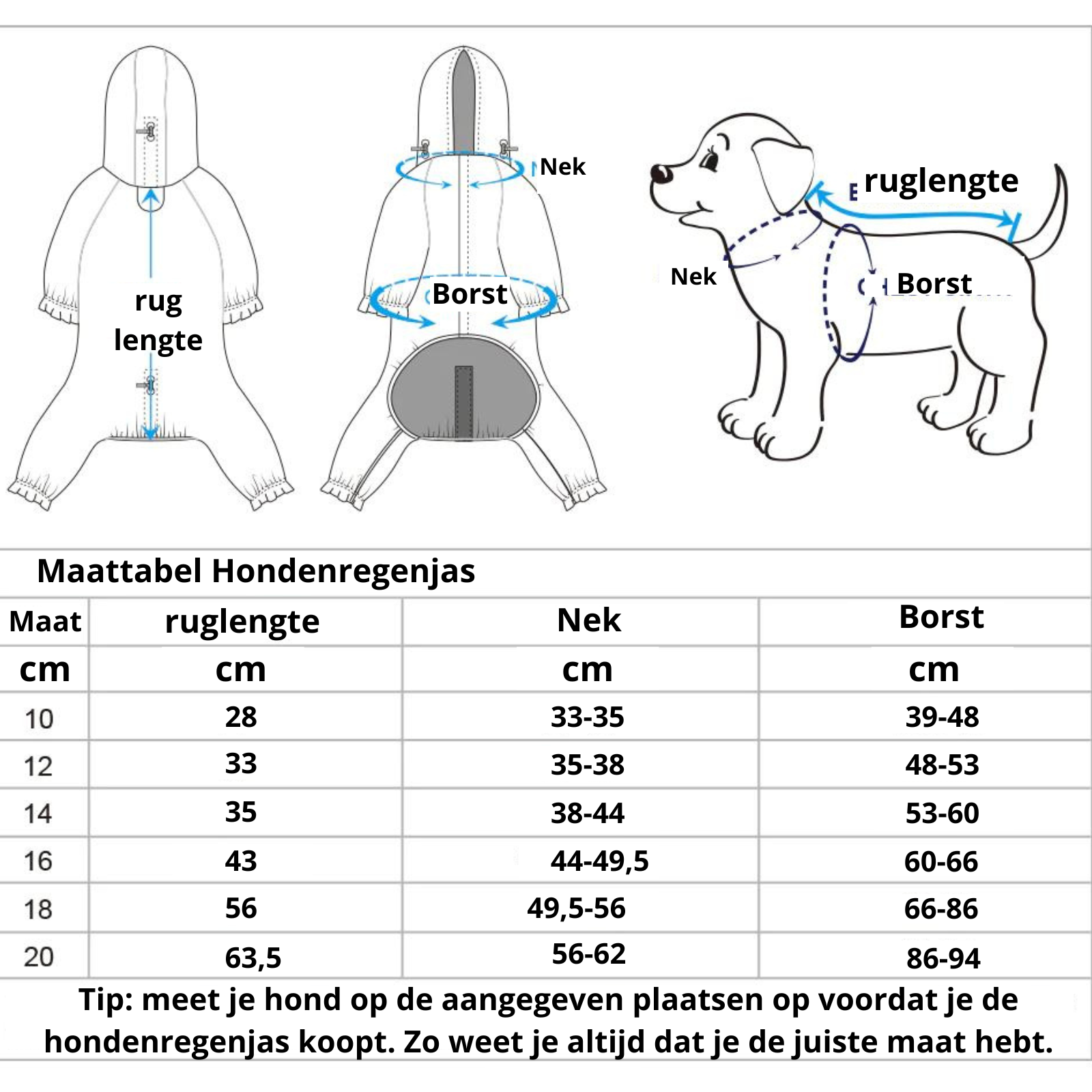 Sizechart dog raincoat