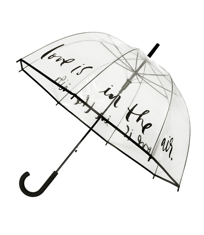 transparent umbrella with black border and text Love is in the air