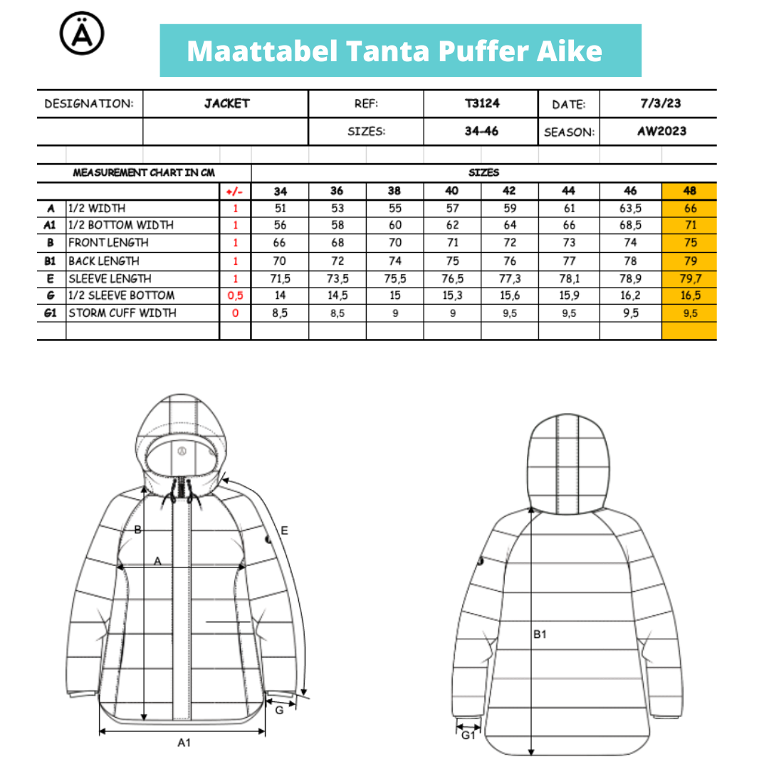 Sizechart Puffer Aike