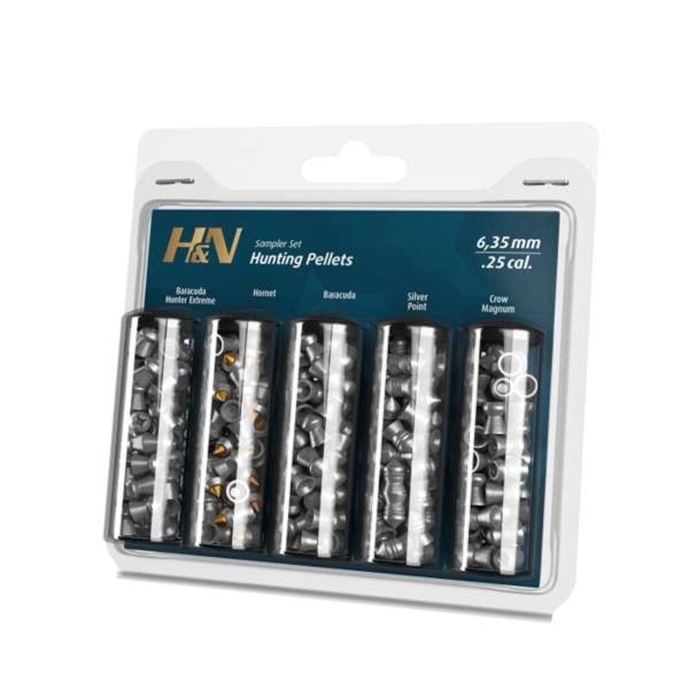 Haendler & Natermann H&N Hunting Pellets Sampler Set 6,35 mm / .25 - 5 soorten - 195 stuks Haendler & Natermann H&N Hunting Pellets Sampler Set 6,35 mm / .25 - 5 soorten - 195 stuks