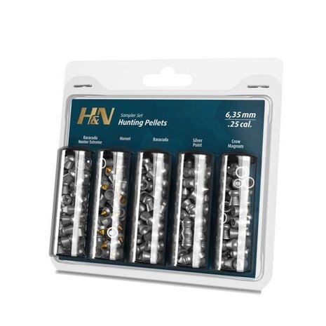 Haendler & Natermann H&N Hunting Pellets Sampler Set 6,35 mm / .25 - 5 soorten - 195 stuks Haendler & Natermann H&N Hunting Pellets Sampler Set 6,35 mm / .25 - 5 soorten - 195 stuks