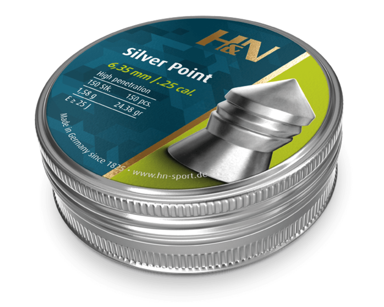 Haendler & Natermann H&N Silver Point 6,35 mm 24.38 gr luchtbukskogels - 150 stuks Haendler & Natermann H&N Silver Point 6,35 mm 24.38 gr luchtbukskogels - 150 stuks