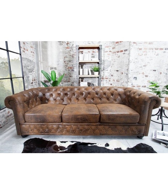 Invicta Interior Chesterfield 3-zitsbank 205cm antiekbruin met knoopstiksel en veerkern - 17382