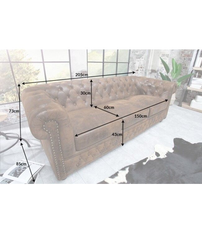 Invicta Interior Chesterfield 3-zitsbank 205cm antiekbruin met knoopstiksel en veerkern - 17382