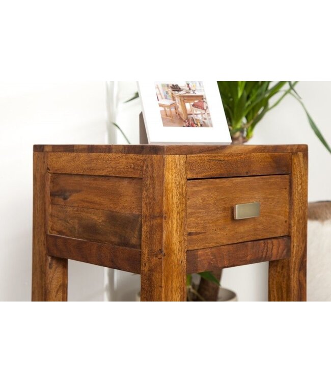 Invicta Interior Massief houten bijzettafel MAKASSAR 70cm Sheesham telefoontafel metalen handvat met opbergruimte - 22679