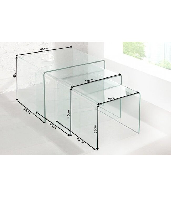 Invicta Interior Designset van 3 glazen salontafels FANTOME 60cm bijzettafels transparant - 22864
