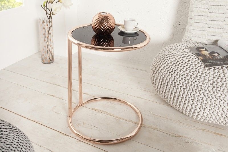 Design bijzettafel ART DECO 40cm koper verchroomd metaal zwart glas rond - 36061