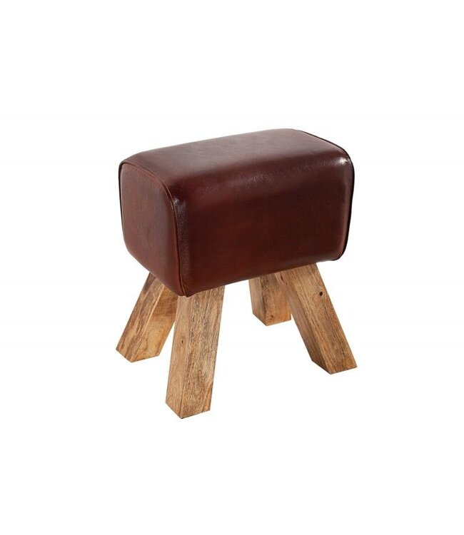 Invicta Interior Retro TURNBOCK kruk 40cm met echt lederen bekleding mangohouten kruk - 36268