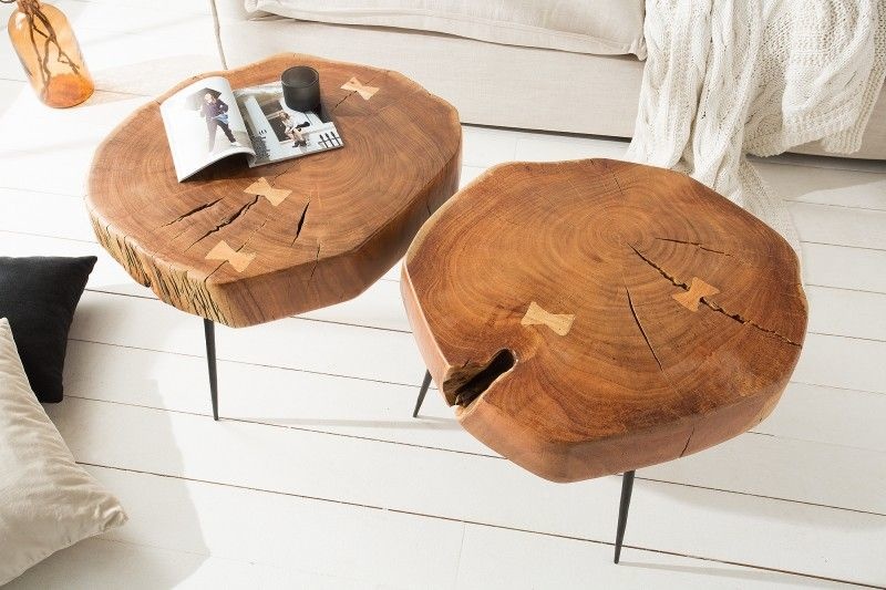 Ronde salontafel GOA 60cm massief acaciahout boomstam zwart metalen poten - 36558 afbeelding