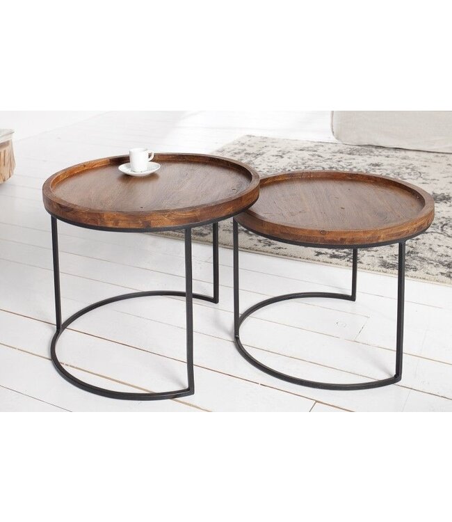 Invicta Interior Set van 2 bijzettafels ELEMENTS 55cm massief acaciahout steenafwerking rond metalen frame zwart - 36743