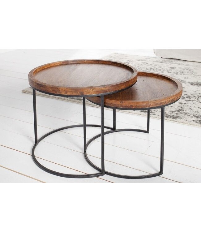 Invicta Interior Set van 2 bijzettafels ELEMENTS 55cm massief acaciahout steenafwerking rond metalen frame zwart - 36743