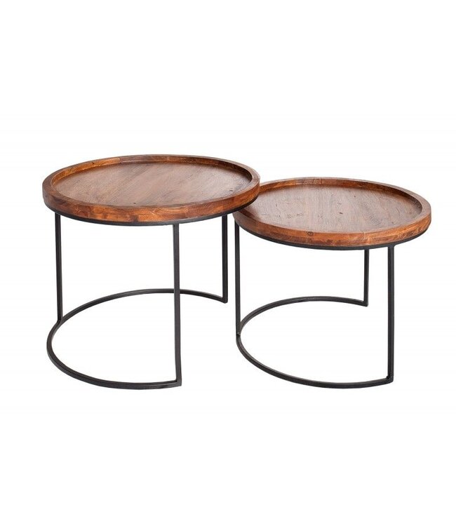 Invicta Interior Set van 2 bijzettafels ELEMENTS 55cm massief acaciahout steenafwerking rond metalen frame zwart - 36743