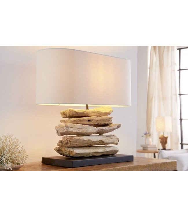 Invicta Interior Handgemaakte drijfhoutlamp RIVERINE 55 cm tafellamp met cremekleurige linnen kap - 36786