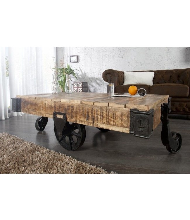 Invicta Interior Solide design salontafel RAILWAY 110cm mangohout met 4 wielen - 36788