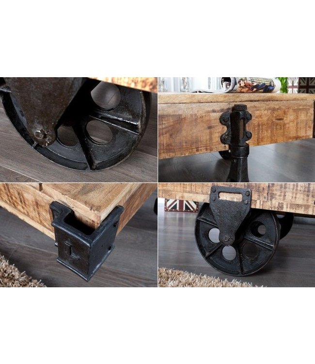 Invicta Interior Solide design salontafel RAILWAY 110cm mangohout met 4 wielen - 36788