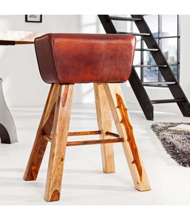 Invicta Interior Retro barkruk TURNBOCK 75cm met echt leren bekleding mangohouten barstoel - 36815