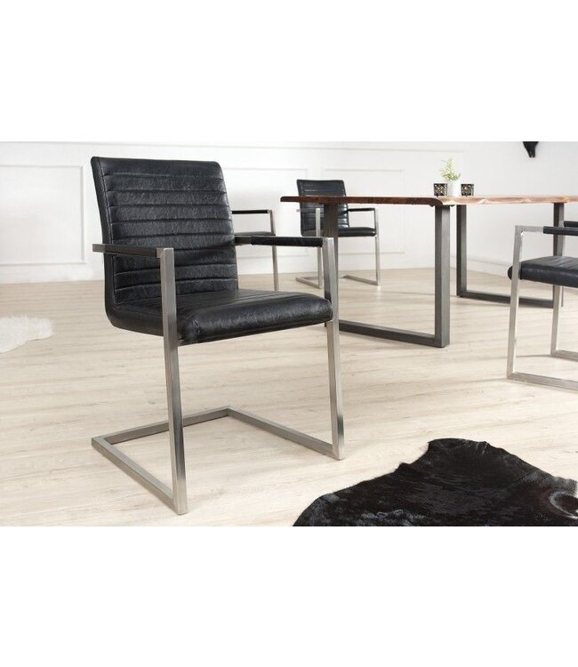 Invicta Interior industrieele sledestoel LOFT antiek zwart met armleuning RVS frame - 37079