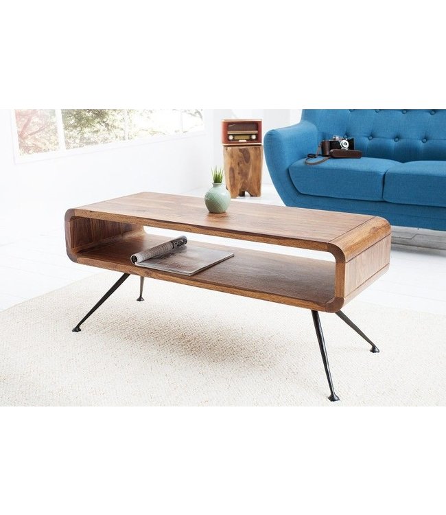 Invicta Interior Retro salontafel ALPHA 100cm Sheesham steenafwerking met massief houten plank zwarte metalen poten - 37512