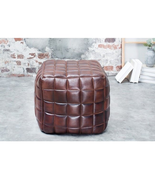 Invicta Interior Retro kruk RIDER 40cm bruin echt leer met decoratieve stiksels - 37653