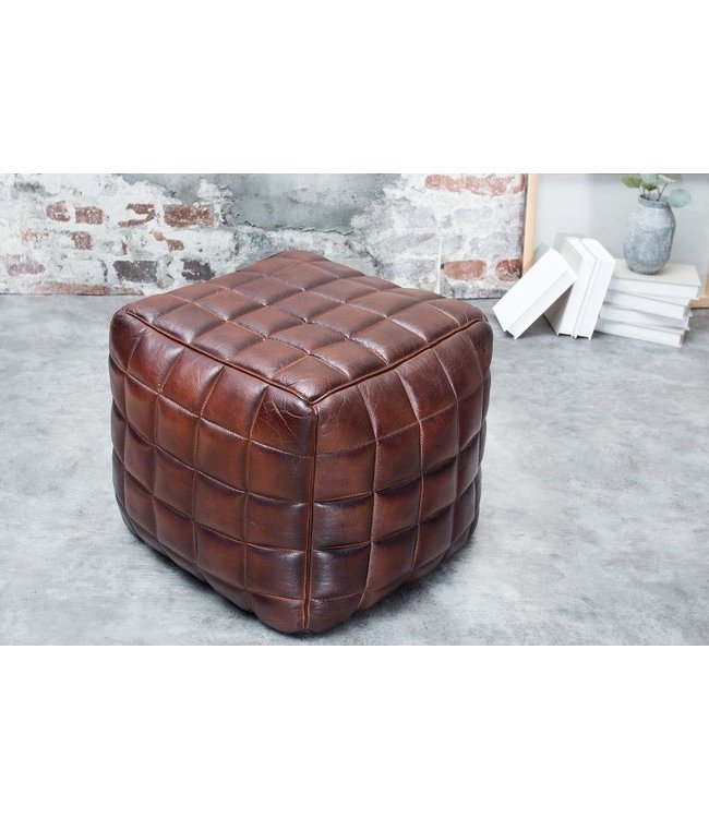 Invicta Interior Retro kruk RIDER 40cm bruin echt leer met decoratieve stiksels - 37653