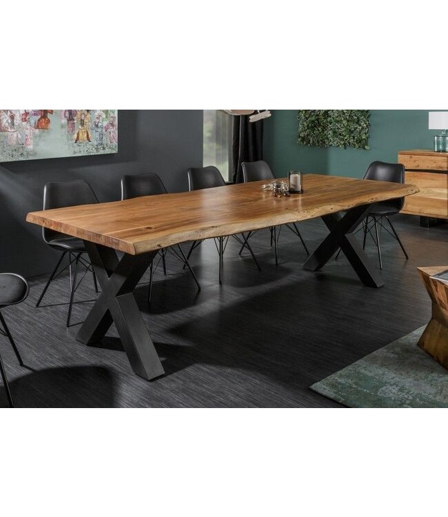 Invicta Interior Massief houten eettafel MAMMUT NATURE 200cm acacia X-frame zwarte boomrand 6cm tafelblad - 38349
