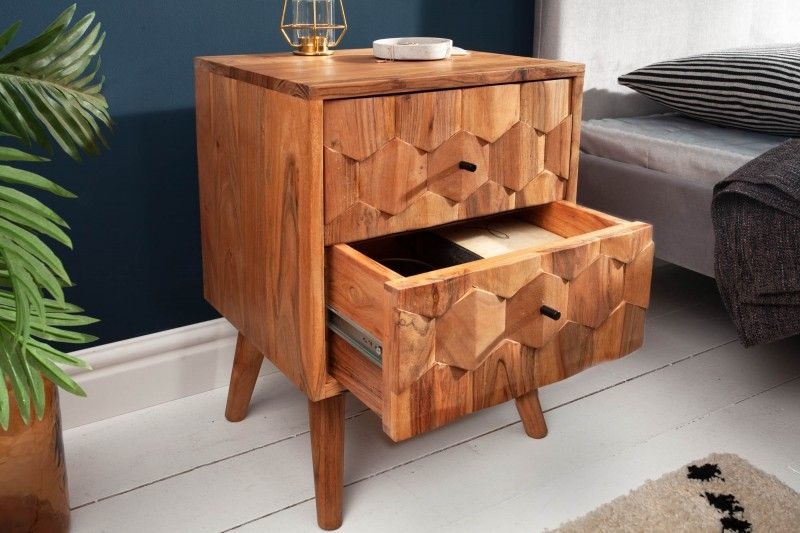 Massief houten nachtkastje MYSTIC LIVING 40cm natuurlijk acacia 3D bijzettafeltje vooraan met opbergruimte - 38424