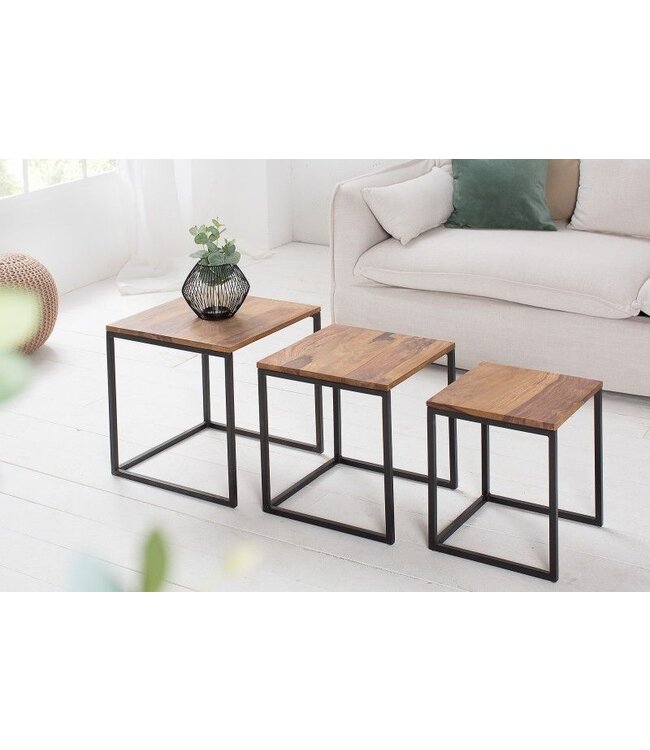 Invicta Interior Design bijzettafel set van 3 ELEMENTS 40cm Sheesham metalen frame zwart - 38605