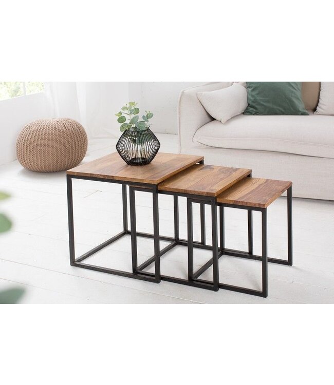 Invicta Interior Design bijzettafel set van 3 ELEMENTS 40cm Sheesham metalen frame zwart - 38605