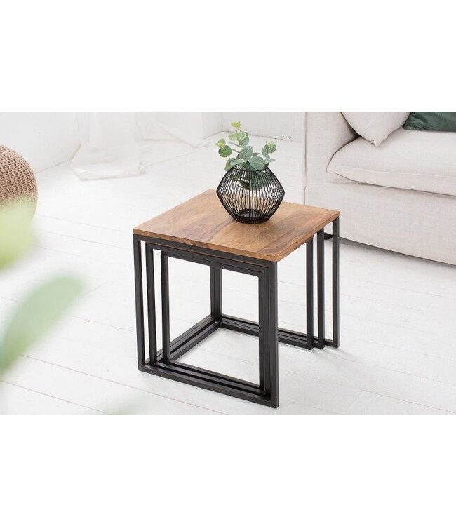 Invicta Interior Design bijzettafel set van 3 ELEMENTS 40cm Sheesham metalen frame zwart - 38605