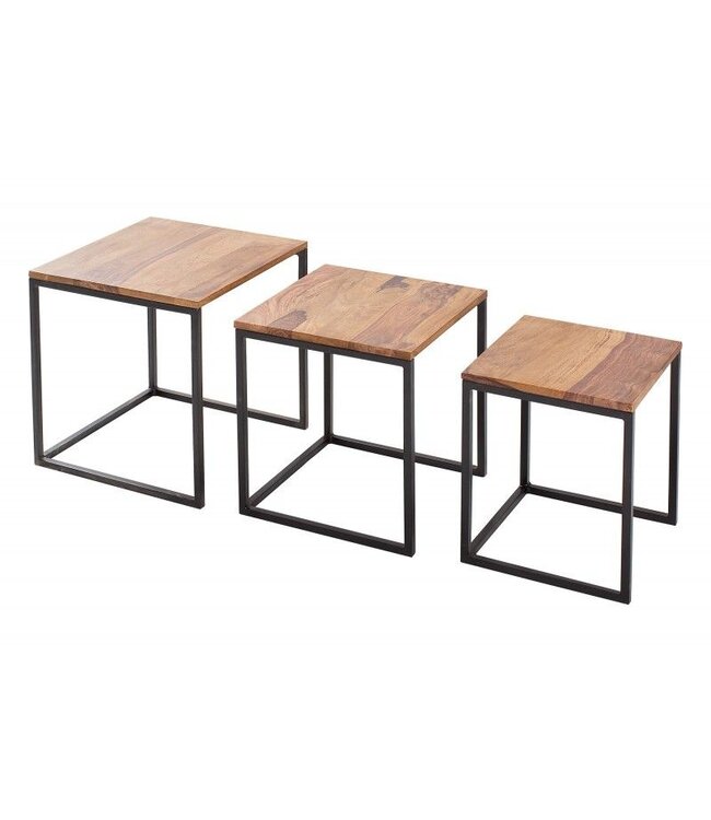 Invicta Interior Design bijzettafel set van 3 ELEMENTS 40cm Sheesham metalen frame zwart - 38605