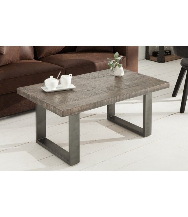 Invicta Interior Design salontafel IRON CRAFT 100cm mangohout grijs industrieel design massief ijzeren sledeframe - 38661